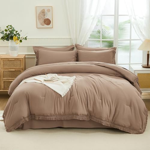Andency California King Comforter Set, 7 Pieces Taupe Bedding