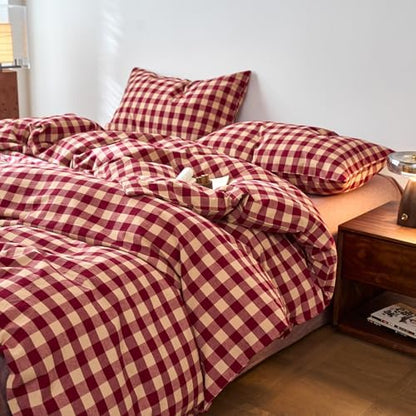LifeTB Red Gingham Duvet Cover Twin XL, 100% Washed Cotton Vintage Plaid Checkered Comforter Cover, 3 Piece Farmhouse Grid Plaid Duvet Cover, Breathable Soft Chic Gingham Bedding Set Twin XL