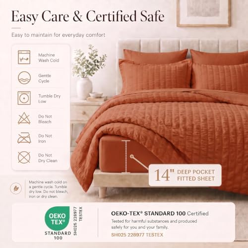CozyLux Twin XL Comforter Set 5 Pieces Burnt Orange Seersucker Bed in a Bag