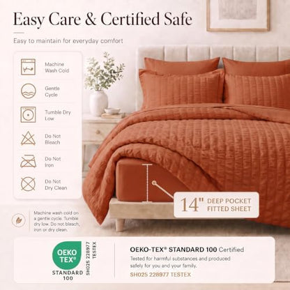 CozyLux Oversized King Comforter Set 120x98 7-Piece Burnt Orange Seersucker