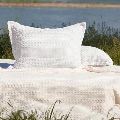 PHF Cotton Ruffle Waffle Pillow Shams King Size 20" x 36", White, No Insert