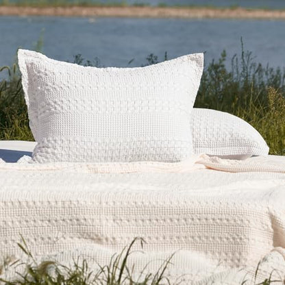 PHF Cotton Ruffle Waffle Pillow Shams King Size 20" x 36", White, No Insert