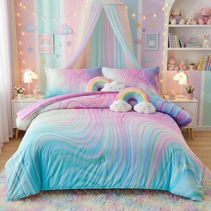 tie dye Queen Comforter Set,Queen Comforter Set for Girls,Pink Comforter Set for Kids Teens,Kids Queen Bedding Set for Girls,Colorful Rainbow Bedding Set for Girl