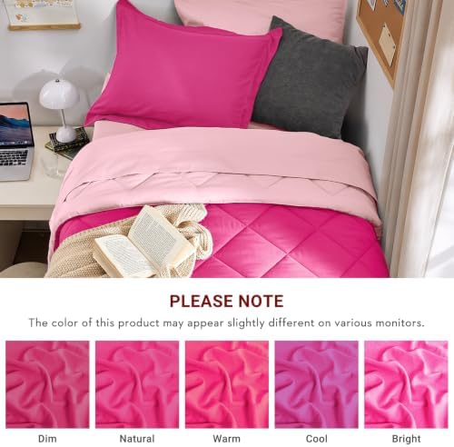 MUXHOMO 5 Pieces Twin XL Comforter Set, Reversible Bed in a Bag Twin XL Size, All Season Bedding Set with Comforter, Flat Sheet, Fitted Sheet, Pillowcases & Shams, Hot Pink & Baby Pink