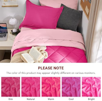 MUXHOMO 5 Pieces Twin XL Comforter Set, Reversible Bed in a Bag Twin XL Size, All Season Bedding Set with Comforter, Flat Sheet, Fitted Sheet, Pillowcases & Shams, Hot Pink & Baby Pink