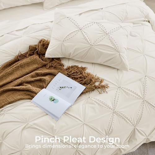 Sasttie Oversized Queen Comforter Set, 7-Piece Bed in a Bag, Pintuck Bedding Sets for All Season, Includes Comforter, Flat Sheet, Fitted Sheet, Pillowcases and Pillowshams, Beige