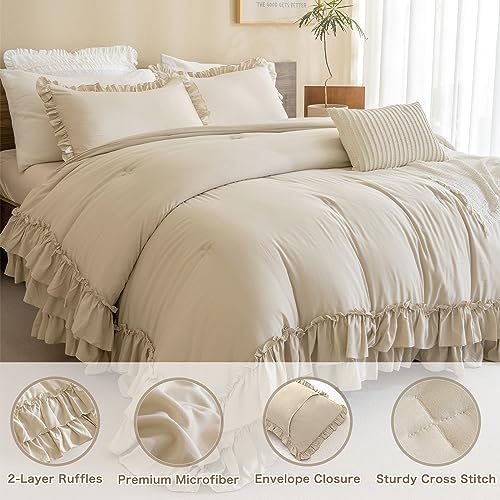 Masaca Ruffled Comforter Set Queen,3-Piece Farmhouse Shabby Boho Chic Bedding,Ultra Soft Fluffy Ruffle Bed Comforter Set (1 Wheat Comforter+2 Ruffle Pillow Shams)