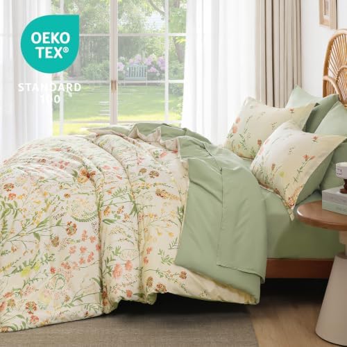 Yiran Beige Floral Comforter Set Queen Size, 7 Piece Cute Comforters Bed in a Bag Khaki Flower, Soft Coquette Cottagecore Aesthetic Botanical Bedding Set with Sheets for Women Girls