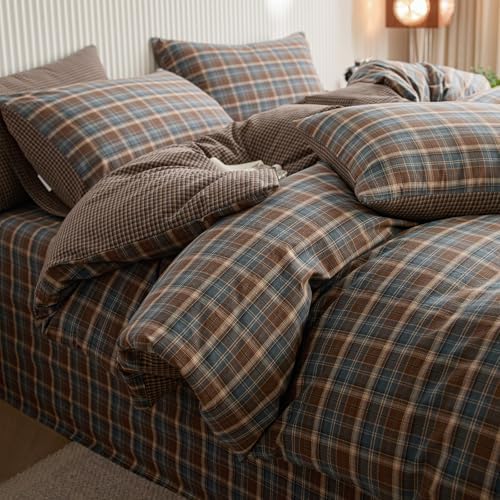Vintage Buffalo Plaid Duvet Cover Queen Size,100% Washed Cotton Blue&Brown Plaid Checkered Comforter Cover with 2 Pillowcases, Farmhouse Grid Bedding Set Breathable Gingham Duvet Cover Set Queen
