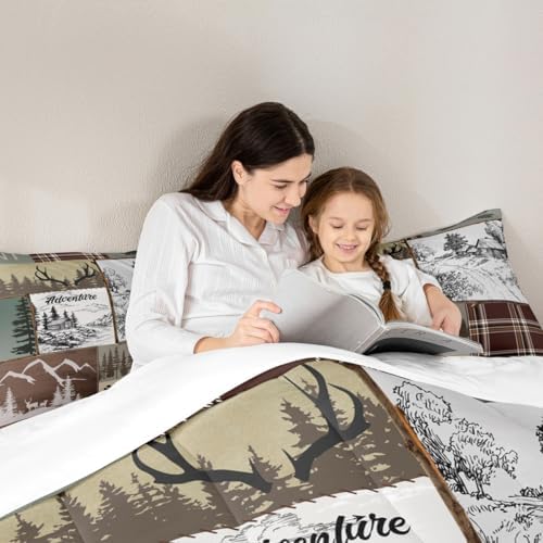 Homewish Rustic Cabin Comforter Set Queen,Adventure and Hunting Deer Antler Bedding Set,Boys Men Adult Room Decor Pine Wooden Plaid Patchwork Quilt Set Vintage Brown Duvet Insert 3Pcs