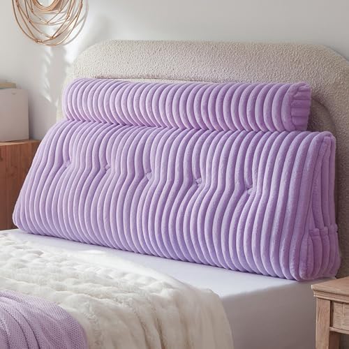 Headboard Pillow + A Long Neck Roll Pillow Body Pillow，Faux Fur Headboard Wedge Pillow with Removable Cover (Purple, Queen：59x8x20 inches)