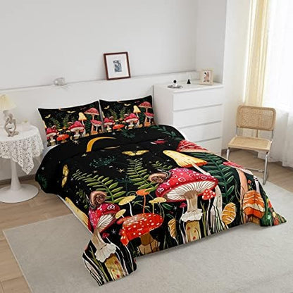 Feelyou Kids Mushroom Bedding Set Natural Wild Fungus Comforter Set for Kids Boys Girls Botanical Plants Duvet Set Butterfly Comforter 1 Comforter Set with 2 Pillowcases Queen Size