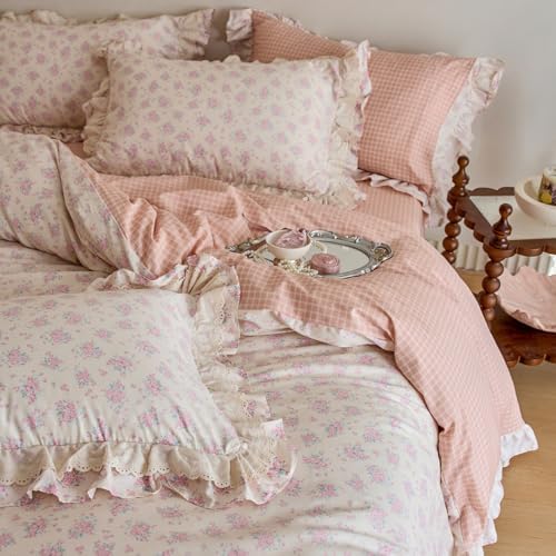 Pink Floral Duvet Cover Set Twin XL, Romantic Ruffle Lace Botanical Floral Bedding Set, 100% Cotton Girls Flower Cottagecore Duvet Cover, Reversible Grid Botanical Comforter Cover with 2 Pillowcases