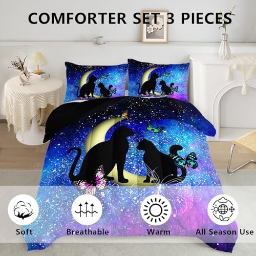 Axolotl Black Cat Comforter Bedding Set King,Cartoon Cat Butterflies Moon Printed Kids Bedding Set,Starry Sky Gradient Bedding for Kids Boys Girls Adults Teens All Season,1 Quilt 2 Pillow Cases,Blue