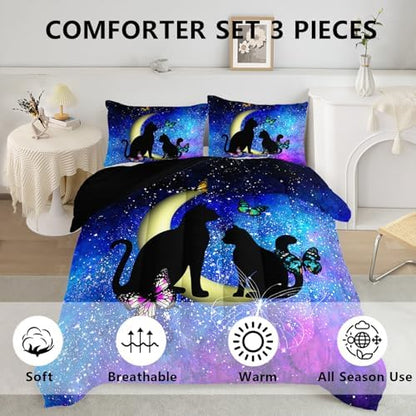 Axolotl Black Cat Comforter Bedding Set King,Cartoon Cat Butterflies Moon Printed Kids Bedding Set,Starry Sky Gradient Bedding for Kids Boys Girls Adults Teens All Season,1 Quilt 2 Pillow Cases,Blue
