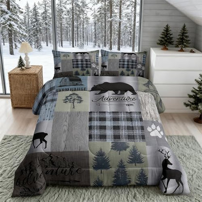 Castle Fairy Gray Green Plaid Comforter Set King Size,Woodland Animals Adventure Themed Bedding Set for Kids Boys Men Winter Room Decor,Rustic Farmhouse Quilt Set Patchwork Duvet Insert,2 Pillowcases
