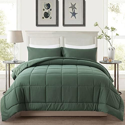 DOWNCOOL Queen Comforter Set -All Season Bedding Comforters Sets with 2 Pillow Cases-3 Pieces Bedding Sets Queen -Down Alternative Sage Green Queen Size Comforter Sets(88"x92")