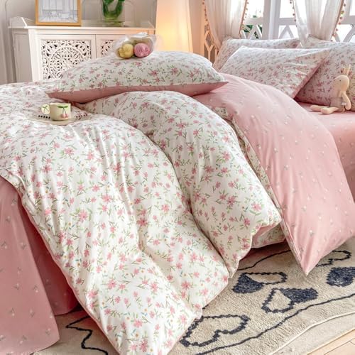 VM VOUGEMARKET Vintage Pink Floral Duvet Cover Queen Cotton Garden Flower Duvet Cover for Teen Girls Reversible Cute Pink White Bedding Set