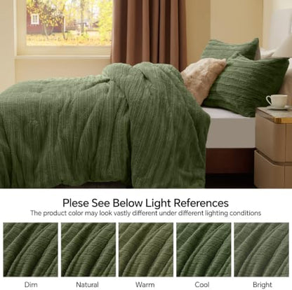 BEDELITE Faux Fur King Size Comforter Set, Fluffy Bed Set, Olive Green