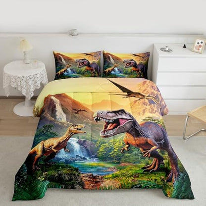 Erosebridal Kids Dinosaur Bedding Twin Comforter Set for Boys Cartoon Dino Bedding Sets,3D Jungle Animals Bed Set Dinosaur Room Decor for Boys,1 Pillow Case Soft Lightweight for All Season