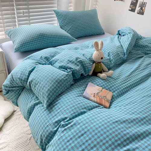 LifeTB Blue Gingham Comforter Set King 3 Pieces Blue Grey Grid Checkered Pattern Comforter with 2 Pillowcases Farmhouse Gingham Grid Bedding Set Soft Fluffy Modern Geometric Plaid Comforter Set
