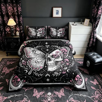 Butterfly Skull Full Size Comforter Set,Pink Wild Mushroom Skeleton Bedding Comforters Bedroom Collection,Starry Galaxy Moon Duvet Insert,Vintage Gothic Room Decor 3 Pcs Bedding Set for Girls Teens