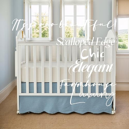 Brandream Scallop Edge Cotton Crib Skirt Toddler Bedskirt Baby Nursery Crib Bed Skirt Boho Bohemian Neutral Solid Color Farmhouse Chic Vintage Blue Gingham Bohemian Nursery Decor Skirt
