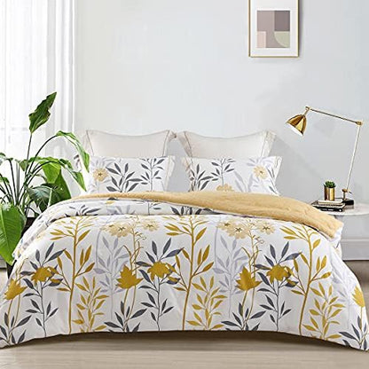 SLEEPBELLA Comforter King Size, 600 Thread Count Cotton Grey Branch with Yellow Flower & Grey Leaves Pattern Orange Reversible Comforter Set,Down Alternative Bedding Set 3Pcs(King, Yellow Botanical)