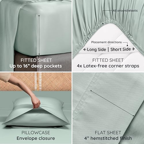 Bambaw 100% Viscose Derived from Bamboo Sheets Queen Size Deep Pocket Set – 4pcs Cooling Sheets Queen Size, Fits Up to 16'' with Elastic Corner Straps, Ultra Soft Hotel Luxury Bedding Set (Sea Glass)