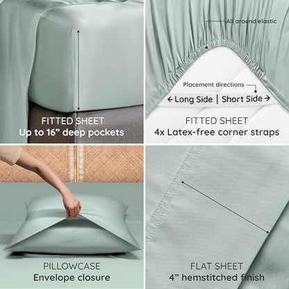 Bambaw 100% Viscose Derived from Bamboo Sheets Queen Size Set – 6pcs Deep Pocket Cooling Queen Sheets, Fits Up to 16'' with Elastic Corner Straps, Buttery Soft & Breathable (Sea Glass)