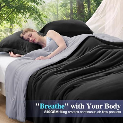 MUXHOMO Cooling Comforter Set Queen Size, Lightweight Summer Comforter for Hot Sleeper, Reversible Bedding with ICY Cooling Surface, Includes 1 Comforter (90"x90") and 2 Shams (20"x 26"), Black