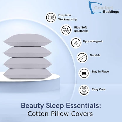 Comfort Beddings King Pillowcases Set of 4 – 100% Organic Cotton, 600 Thread Count Sateen, Soft & Comfy Pillow Covers with Envelope Closure, Silver, King Size 20 x 40 Inches