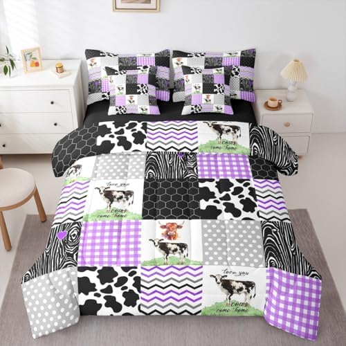 Erosebridal Kawaii Highland Cow 7 Pcs Comforter Set King Size,Cute Cattle Print Bedding,Farm Animals Bed Sheet with Pillowcase & Sham Honeycomb Plaid Pattern Geometric Stripes