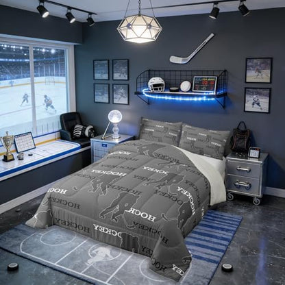 Hockey Players Kids Bedding Set King Size, Comforter Set,Ball Activity Game Quilt Comforter,Gray Bedroom Duvet Insert,2 Pillowcases