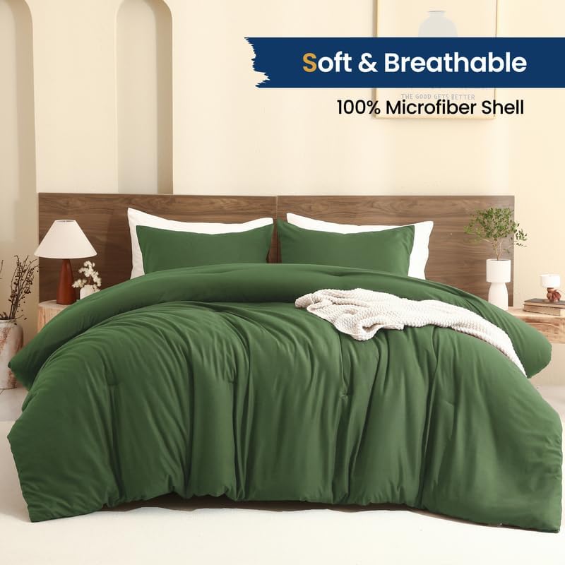 Paxrac Moss Green King Size Comforter Set, 3 Pieces Lightweight Solid Bedding Set, Soft Fluffy Comforter, All Season Bed Set (104"x90" Comforter & 2 Pillowcases)