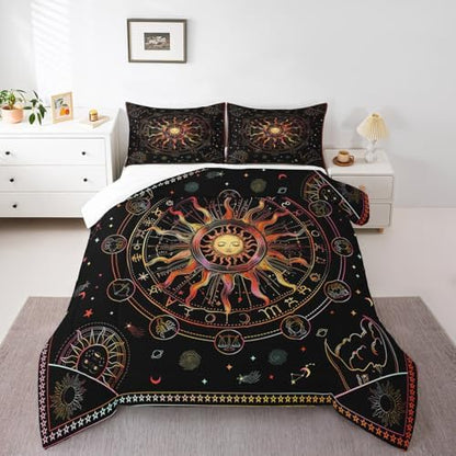 Manfei Sun and Moon Comforter Set Full Size, Zodiac Constellation Bedding Set 3pcs for Kids Boys Girls Room Decor, Hippie Boho Quilt Set with 2 Pillowcases