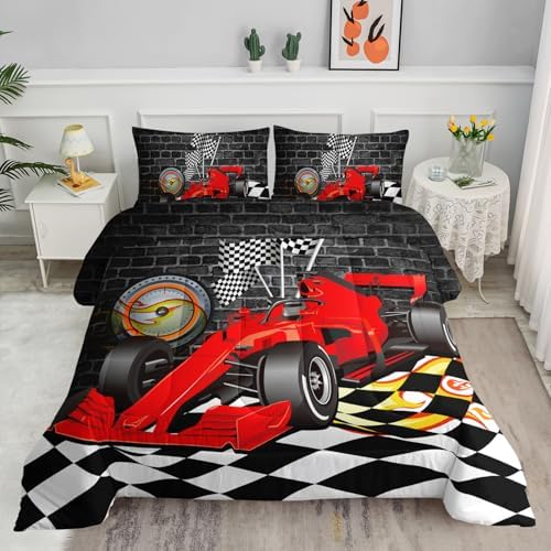 Axolotl Race Car Comforter Set King Size,Extreme Sports Bedding for Boys Teens Kids Girls Room Decor,Car Racing Bedding,Cool Speed Cars Quilt Bed Set with 1 Comforter 2 Pillowcases,Black Red