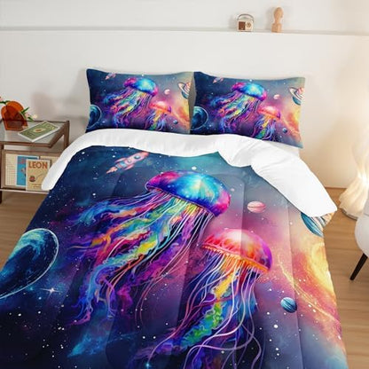 Glowing Jellyfish Comforter Set King Size with 2 Pillowcases.