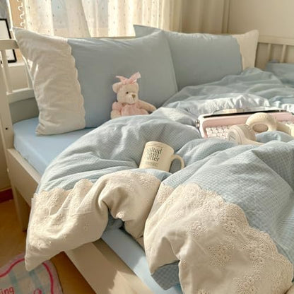 LifeTB Blue Gingham Comforter Set Full Size Romantic Lace Style Checkered Plaid Comforter Set 3 Pieces Blue Grid Bed Comforter with 2 Pillowcases Soft Fluffy Farmhouse Plaid Gingham Bedding Set