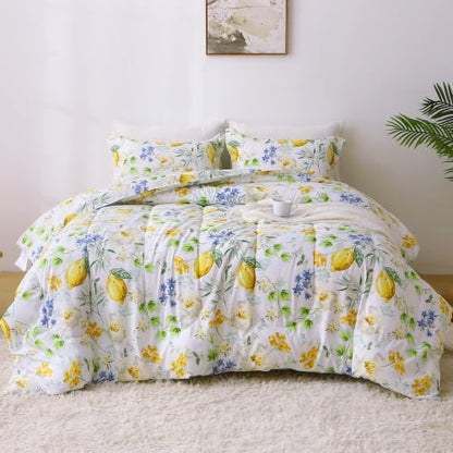 Mooreeke Floral Queen Size Comforter Sets, Lemon Blossoms Patterned Bed in a Bag for All Seasons, 3-Piece Farmhouse Rustic Bedding Set with Fluffy Quilted Reversible Comforter & 2 Pillow Shams