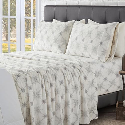 Elegant Comfort Luxuriously Soft 4-Piece Holiday Velvet Plush Flannel Sheet Set - Premium Quality - Cozy Warm, Christmas Fuzzy Velvet Flannel Fleece Deep Pocket Sheet Set - Full, Beige Snowflake