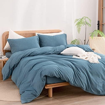 BESTOUCH Cotton Solid Duvet Cover Set Linen Feel Dark Blue California King