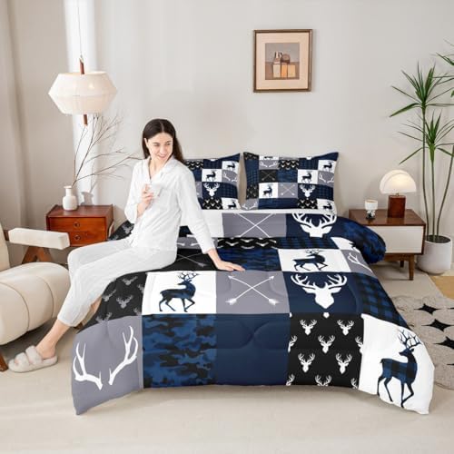 Manfei Camo Deer Antlers Comforter Set Queen, Geometric Plaid Patchwork Bedding 3pcs for Room Decor, Boho Arrow Xmas Quilt Set, Blue Grey Duvet Insert with 2 Pillowcases (WWS10843GYY-BZ_USq)
