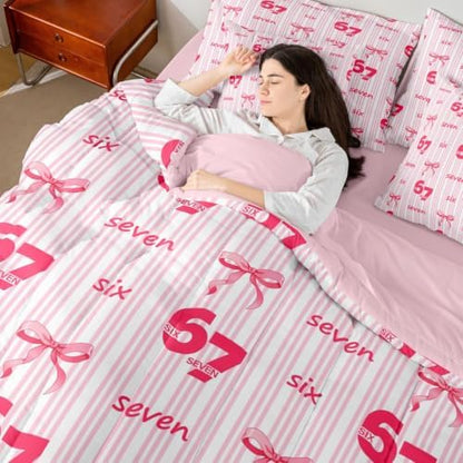 Erosebridal Girly Coquette Bowknot 7 Piece Bedding Set Full Size Pink 67 Bow Comforter Set for Kids Girls Birthday Gifts,Watercolor Six Seven Bed in A Bag Pink Striped Number 67 Print Bed Set