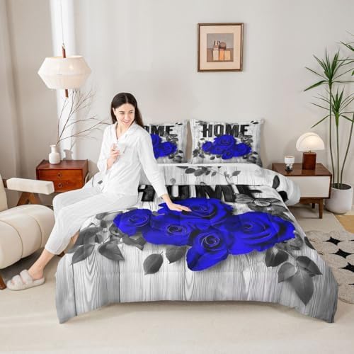Castle Fairy Blue Rose Twin Size Comforter Set,Valentine's Day Romantic Duvet Set Soft Bed Collection,Retro Farmhouse Board Bedding Comforter for Boys Girls Bedroom,2 Pcs