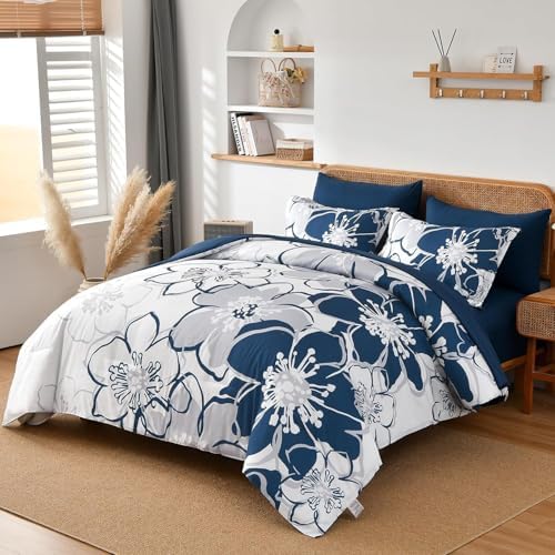 Anibedding Navy Floral Comforter Set Full Size 7 Piece, Blue Flower Bed in a Bag, Elegant Botanical Floral Comforter Soft Microfiber Complete Bedding Set for All Season, (Navy, 78''x90'')