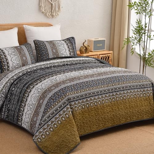 WONGS BEDDING Boho Quilt Queen Size,3 Pcs Bedspread Set, Brown