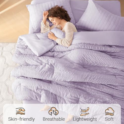 MUXHOMO 5 Pieces Twin XL Comforter Set, Seersucker Bed in a Bag Twin XL Size, All Season Luxury Bedding Set with Comforter, Flat Sheet, Fitted Sheet, Pillowcase & Sham, Lavender