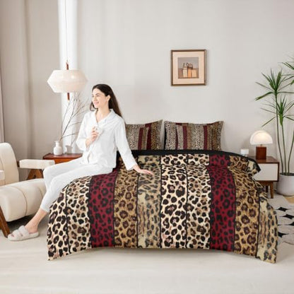 Erosebridal Red and Brown Leopard Print Queen Bedding Set for Men Women Adults - African Cheetah Printed Comforter Set Wild Safari Animal 7-Piece Bed in a Bag Modern Leopard Print Quilt Sets