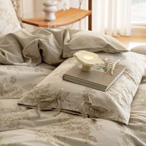 VM VOUGEMARKET Garden Floral Duvet Cover Queen,3 Pcs Yarn-Dyed Jacquard Textured Duvet Cover with Bowknot Retro Monet Style Fall Bedding Set-90"x90",Khaki